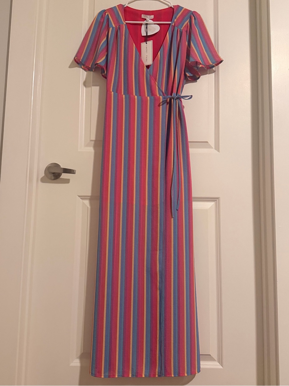 Multi-Stripe Flutter Sleeve Wrap Maxi Dress - Size Small - Pink Multi